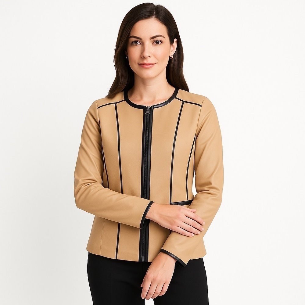 CHICO'S Camel Zip-Up Blazer w/ Dark Brown Faux Leather Trim Size S